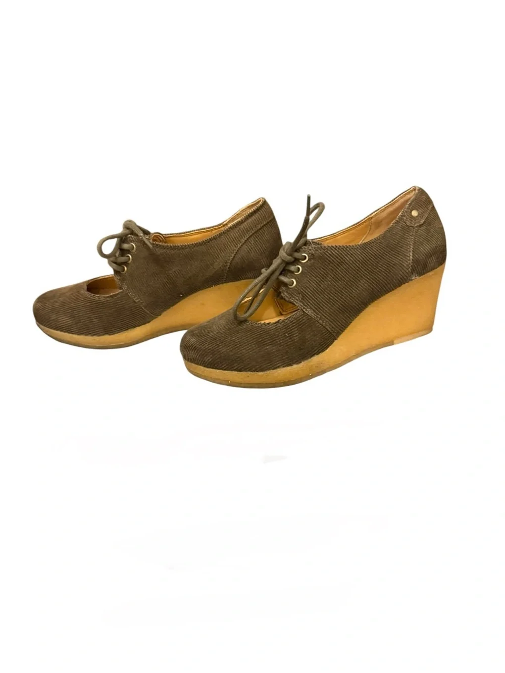 Vintage Clarks Originals Olive Green Tulip Vogue Corduroy Wedge Mary Jane